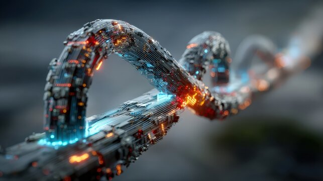 Abstract digital chain with glowing blue and orange circuits representing technology and data flow, symbolizing connection and progress. ..Created with Generative AI, not depicting real subjects.