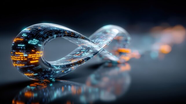 Digital infinity symbol with glowing circuits and data stream, representing blockchain technology and endless possibilities. ..Created with Generative AI, not depicting real subjects.