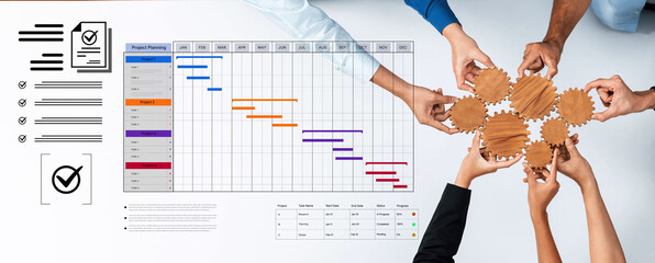 Obraz premium A project management dashboard for business. The interface features a Gantt chart to visualize the project timeline, task scheduling, and overall progress for efficient workflow. Fermion