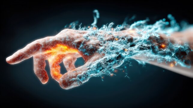 A human hand appears to be engulfed by both fire and water, symbolizing a powerful paradox or intense transformation. ..Created with Generative AI, not depicting real subjects.