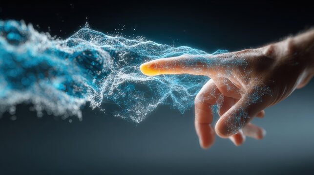 A human hand reaches out, its fingertip touching a swirling vortex of luminous blue particles, symbolizing connection, creation. ..Created with Generative AI, not depicting real subjects.