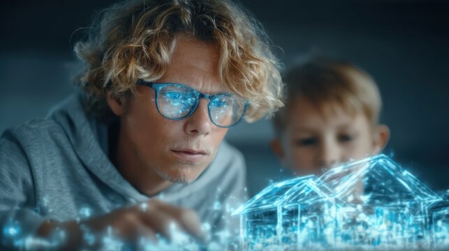 A young man with curly hair and glasses, wearing a hoodie, is intently studying a futuristic holographic projection of a house. ..Created with Generative AI, not depicting real subjects.