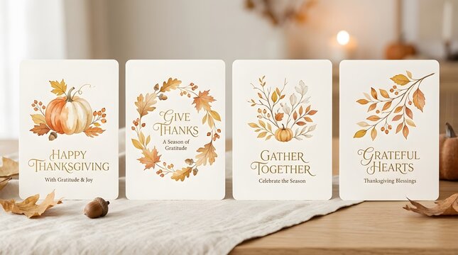 Four decorative autumn themed greeting cards displayed on a wooden table with soft fall seasonal decor