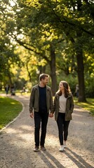 Fototapeta premium Young couple walking hand in hand on tree-lined park path during golden hour, wearing casual jackets and dark pants, enjoying outdoor leisure time together.
