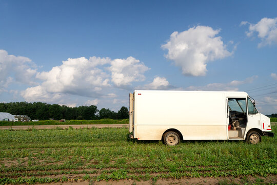 Farm truck at Michigan lettuce farm during harvest