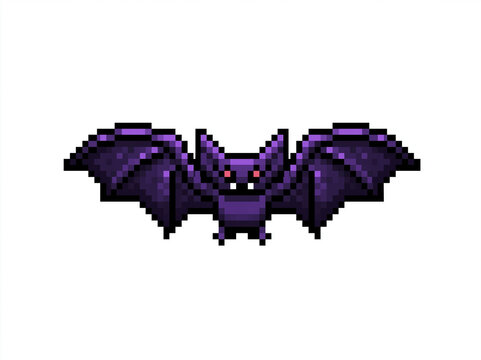 A purple pixelated bat with red eyes and outstretched wings, ready to fly AI generative