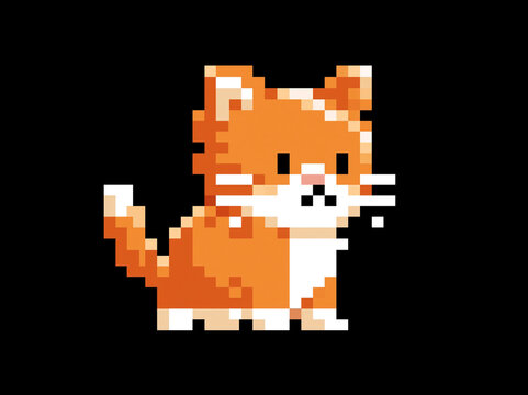 A cute, retro-style pixel art orange cat sitting, looking forward with whiskers twitching. It's a digital illustration with a black background AI generative