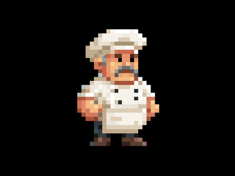 A pixel art illustration of a chef with a mustache and chef hat, standing with arms crossed. AI generative