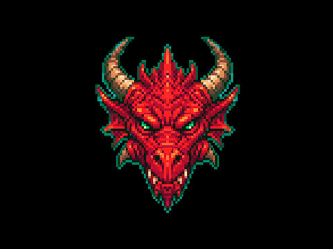 A pixel art illustration of a fierce red dragon head with sharp teeth and horns, set against a dark background AI generative