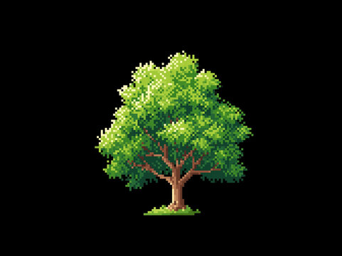 A pixel art illustration of a vibrant green deciduous tree with a brown trunk, set against a dark background. It appears as if it is growing from a small patch of grass AI generative