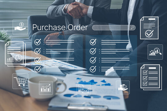 Business professionals exchanging handshake over purchase order document with digital icons representing transactions and agreements in modern office setting. Bitwise.