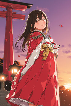 Young woman in a red kimono holding a fox mask on stone steps under a vermilion gate at autumn dusk,秋の夕暮れ　赤い着物の女性と狐の面　朱塗りの鳥居と石段