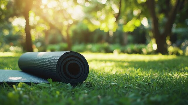 Yoga mat on sunlit grass with blurred trees. AI generated
