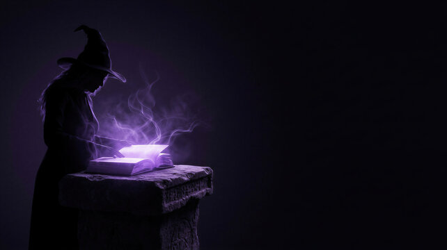 Witch reading magic book with glowing purple smoke. Woman in witch hat standing at stone altar performing spell. Mysterious scene for Halloween celebration and fantasy theme.