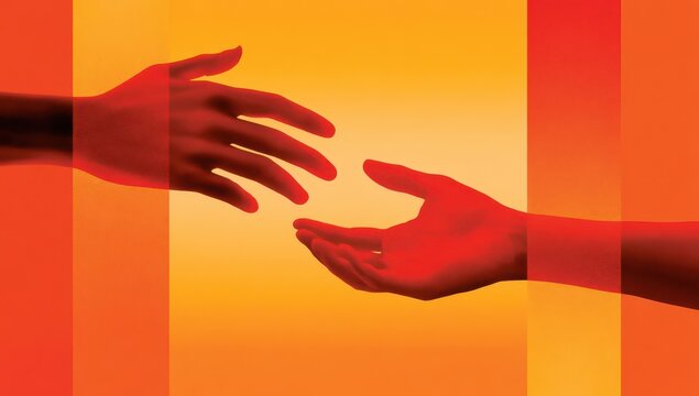 Two hands reaching toward each other on an abstract orange background symbolizing connection and help