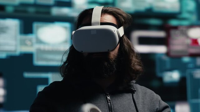 Cyber spy uses VR glasses to bypass network security, program a data breach and conduct identity theft through covert digital infiltration.