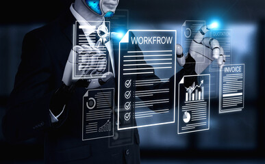Obraz premium Futuristic Businessman in Suit with Robot Arm Interacting with Virtual Documents and Graphs on Screen in a Modern Office Environment. Bitwise.