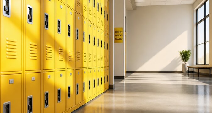 School hallway lockers. Empty bright yellow metal lockers in a modern school corridor, back to school educational facility environment for student access.