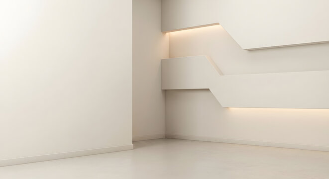 Minimalist modern interior corner with geometric shelves and cove lighting