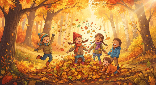 Children playing in an autumn forest throwing leaves