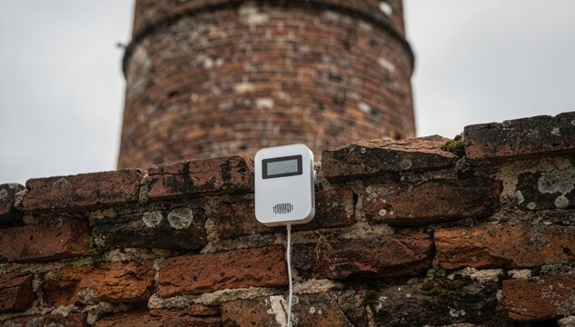 Sharp focus on an air quality monitor nestled among the bricks of a weathered tower with the towering structure subtly blurred behind.