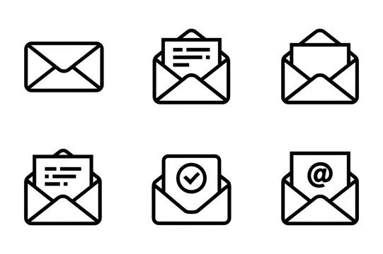 Email Icons Collection: A set of minimalist line art icons representing different aspects of email communication, including closed envelopes, open envelopes with documents, checkmarks.
