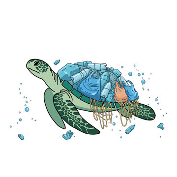 Sea turtle with shell made of plastic waste swimming in ocean, environmental pollution concept