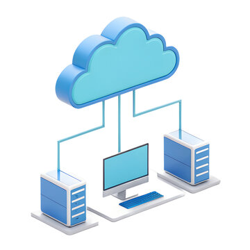 Blue cloud computing network infrastructure connecting desktop computers and servers with high quality 3d render isolated on transparent background