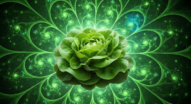 Fresh green lettuce head floating in center of abstract glowing fractal pattern background with vegetable