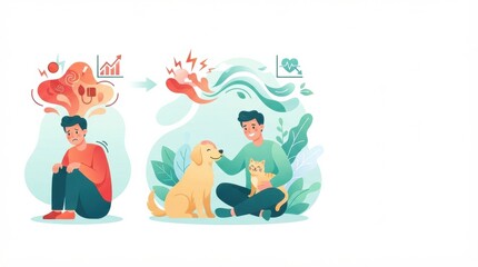 Fototapeta premium A person sits on the ground with a dog and a cat, showing joy while reflecting on the benefits of relaxation and mental health improvement.