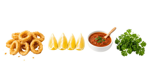 Crispy fried calamari rings with lemon wedges, golden breaded squid appetizer, tomato dipping sauce and fresh parsley on white background