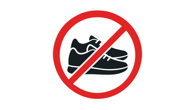 Prohibition sign featuring a pair of sneakers crossed out with a red circle and diagonal line on a white background.