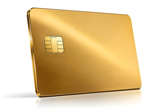 Golden credit card with chip on white background luxury financial technology concept