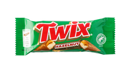 Fototapeta premium Twix hazelnut flavour chocolate bar on transparent background