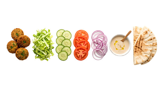Falafel ingredients set on white background, fresh mediterranean food components with pita bread and hummus, healthy vegetarian meal kit