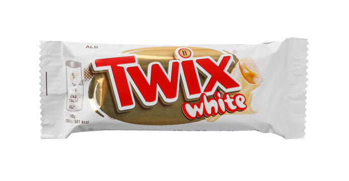 Twix white chocolate bar in wrapper on transparent background