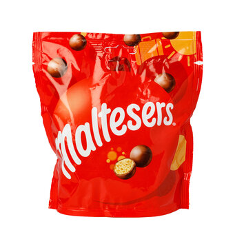 Maltesers chocolate snacks in red bag, transparent background