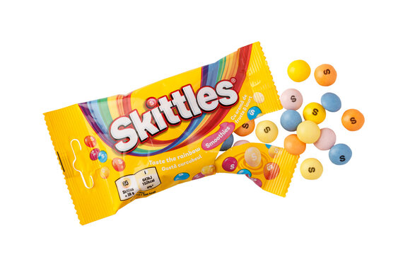 Skittles smoothies candy bag with colorful sweets on a transparent background