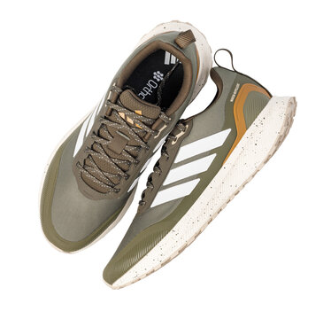Pair of adidas running shoes olive green water-repellent on a transparent background