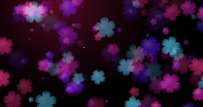 Abstract background with glowing pink and blue flowers floating on a dark night sky for creative design