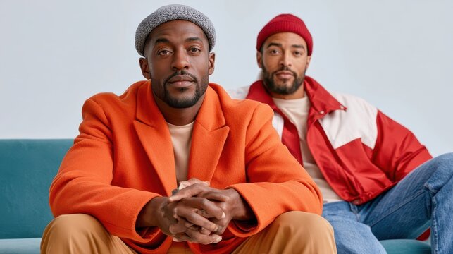 Two friends relaxing on a teal sofa, stylish men in colorful coats and knit hats