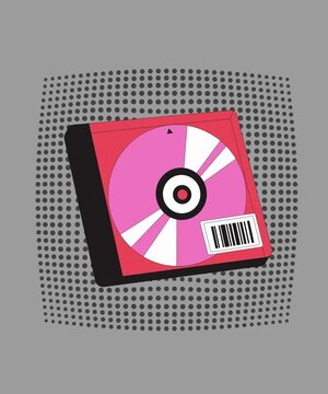 Retro CD jewel case and compact disc animation with halftone dot pattern
