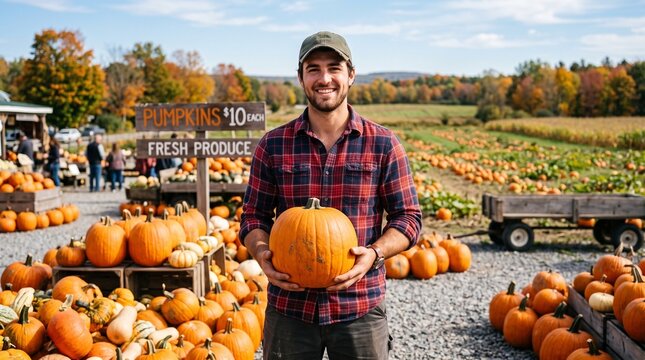 Commercial outdoor agricultural photography of a smiling young male farmer holding a large orange pumpkin at a roadside farm stand &ndash; autumn harvest festival, local agriculture promotion, Halloween pum