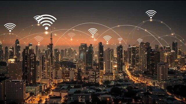 Smart digital city with connection cyber security network reciprocity over the twilight cityscape.future wireless digital city and social media networking systems that connects people within the city
