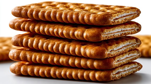 Stacked crispy crackers with ridged edges on white background.