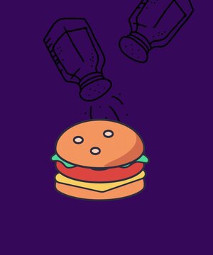 Stylized flat vector animation of salt and pepper shakers seasoning a hamburger