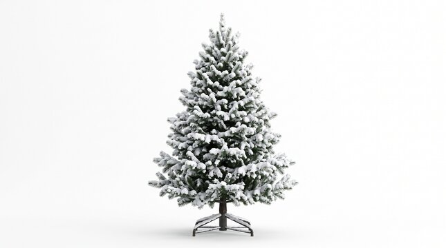 A realistic artificial snow covered pine tree on a white background with a metal stand