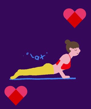 Stylized cartoon woman doing yoga upward-facing dog pose animation with hearts