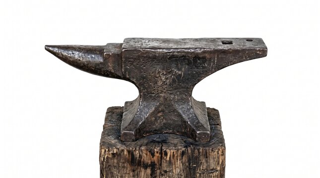 Antique blacksmith anvil made of heavy iron resting on a weathered wooden block against a white background