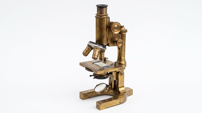 Antique brass microscope with two objective lenses and a slide on the stage against a white background